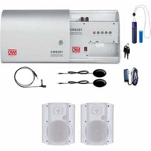 OWI Inc. Infrared Wireless Microphone System with One Pendant Mic, One Lapel Mic, and Two White P8378 Patio Blaster P Series Speaker