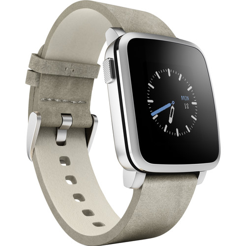 Pebble Time Steel Smartwatch (38mm, Silver, Leather Band)