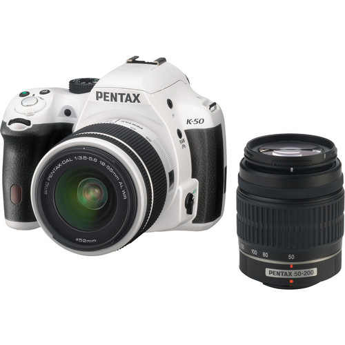 Pentax K-50 DSLR Camera with 18-55mm and 50-200mm Lenses (White)