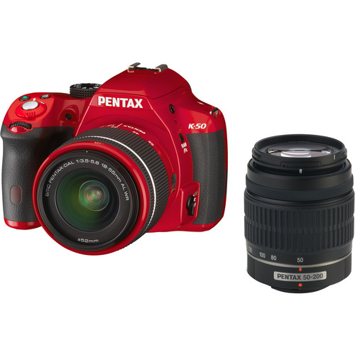 Pentax K-50 DSLR Camera with 18-55mm and 50-200mm Lenses (Red)