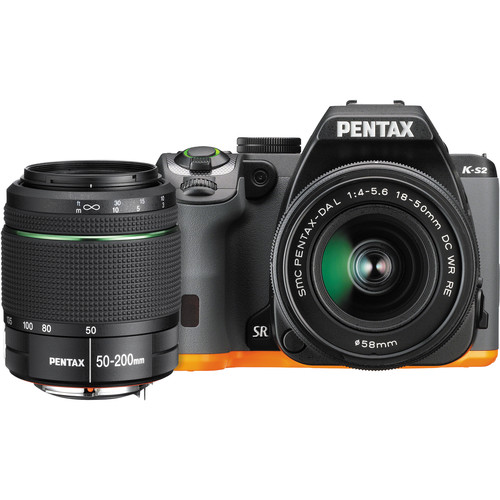 Pentax K-S2 DSLR Camera with 18-50mm & 50-200mm Lenses (Black/Orange)