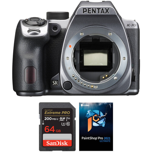 Pentax K-70 DSLR Camera Body with Accessory Kit (Silver)