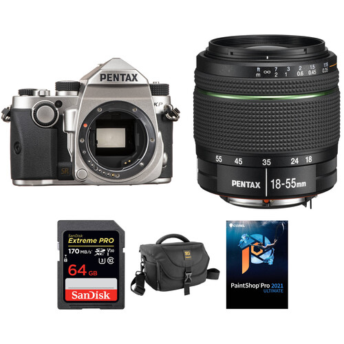 Pentax KP DSLR Camera with 18-55mm Lens and Accessories Kit (Silver)
