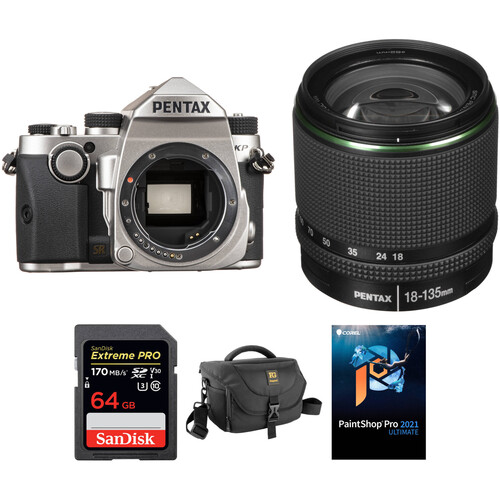 Pentax KP DSLR Camera with 18-135mm Lens and Accessories Kit (Silver)