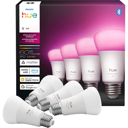 Philips Hue A19 Bulb with Bluetooth (White & Color Ambiance, Matter, 4-Pack)