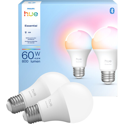 Philips Hue Essential A19 Bulb with Bluetooth (White & Color Ambiance, Matter, 2-Pack)