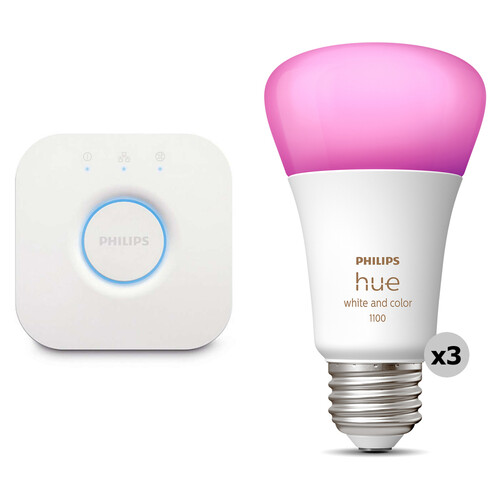 Philips Hue Bridge & A19 Bulb with Bluetooth (White & Color Ambiance, 3-Pack)