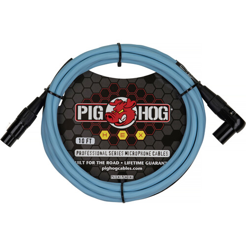 Pig Hog Hex Series XLR Microphone Cable (Daphne Blue, Straight to Right Angle, 10')