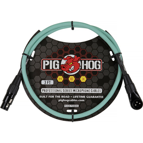 Pig Hog Hex Series XLR Microphone Cable (Seafoam Green, Straight to Right Angle, 3')