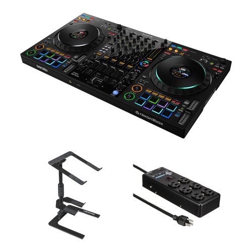Pioneer DJ DDJ-FLX10 4-Channel DJ Controller with ProX Ibis Foldable Laptop Stand and 6-Outlet Surge Protecter