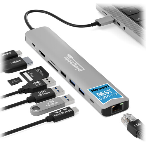 Plugable 9-in-1 USB-C Hub with 4K HDMI and 140W Power Delivery Charging