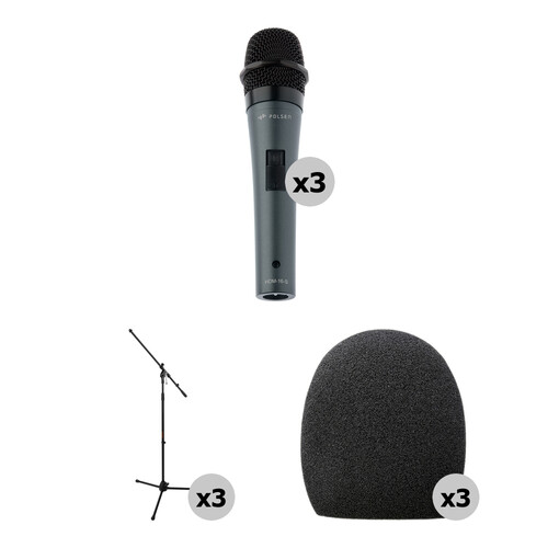 Polsen HDM-16-S Handheld Dynamic Mics with Stands and Windscreens Kit (Set of 3)