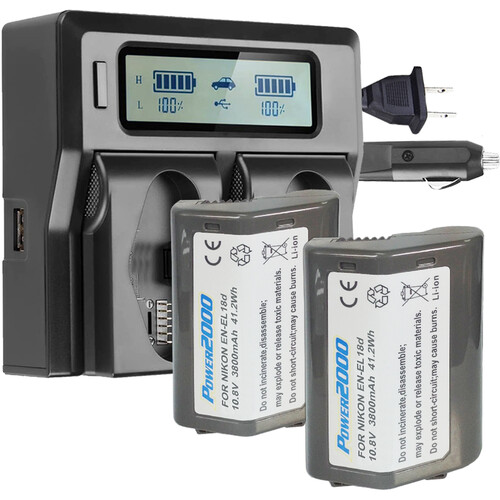 Power2000 2 x Nikon EN-EL18d Type Batteries & Dual Bay LCD Charger