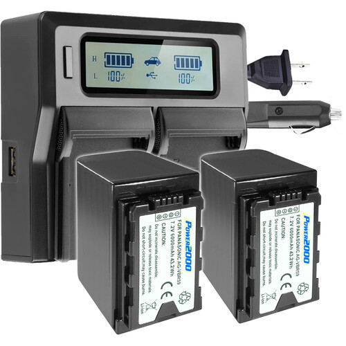 Power2000 Two Batteries with Dual-Bay LCD Charger for Panasonic AG-VBR59