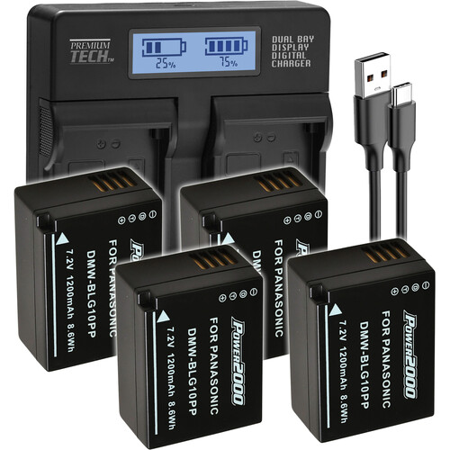 Power2000 4 x Panasonic DMW-BLG10PP-Type Batteries & Dual-Bay LCD Charger Kit