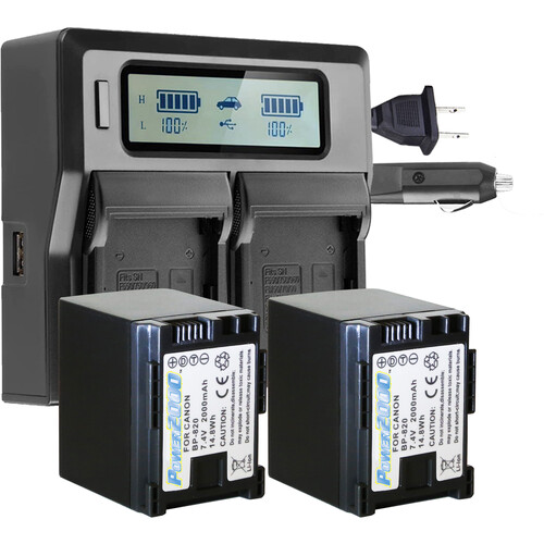 Power2000 2 x 2000mAh Li-Ion Batteries and Dual-Bay LCD Charger Kit for Canon BP-820