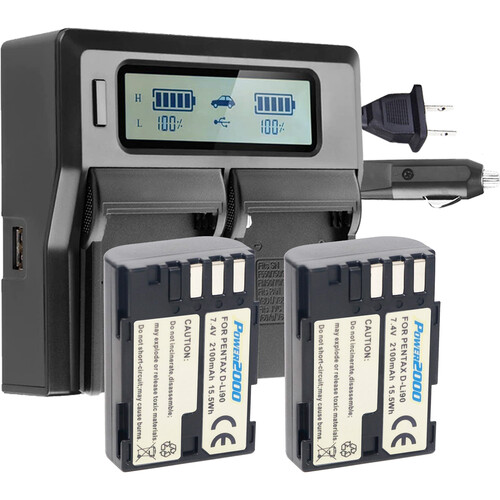 Power2000 Two Pentax D-LI90-Type Batteries with Dual-Bay LCD Charger