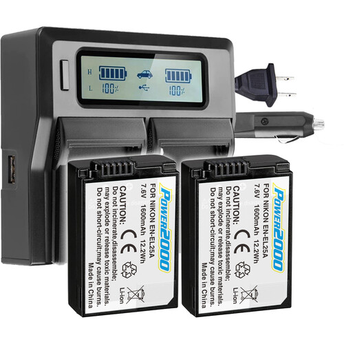 Power2000 EN-EL25a 2-Battery Kit with Dual-Bay LCD Charger (1600mAh)