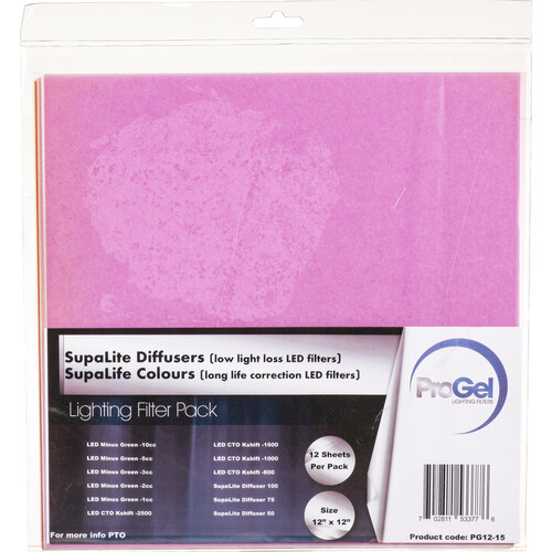 Pro Gel 12 x 12" SupaLite LED Low Light Loss Diffusers and Long Lasting LED Correction Filters (12-Pack)