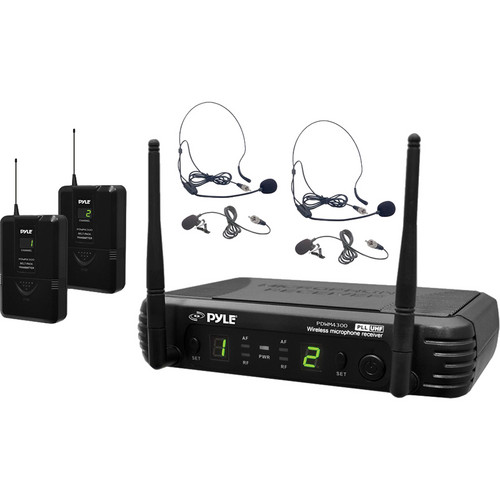 Pyle Pro PDWM3400 UHF Wireless Microphone System with Two Bodypacks, Two Headset Microphones, and Two Lavalier Microphones (673 to 697.975 MHz)
