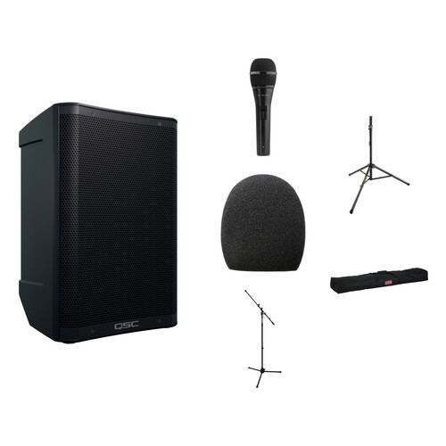 QSC CB10 Battery-Powered 10" Portable Loudspeaker with Microphone, Speaker and Mic Stands, and Transport Bag Kit