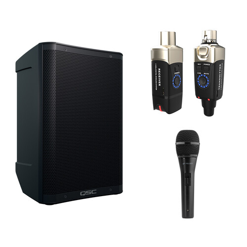 QSC CB10 Battery-Powered 10" Portable Loudspeaker with Xvive/Polsen Wireless Microphone Kit