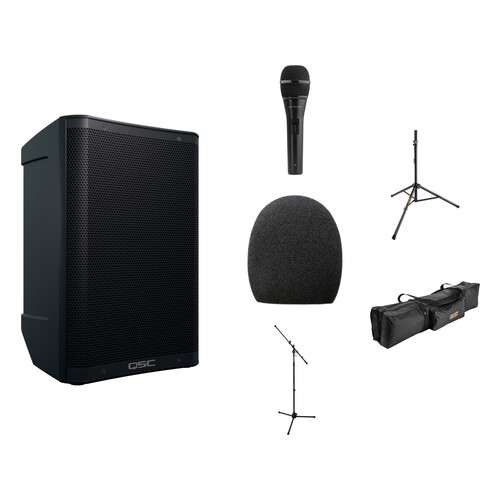 QSC CB10 Battery-Powered 10" Portable Loudspeaker with Microphone, Speaker and Mic Stands, and Transport Bag Kit