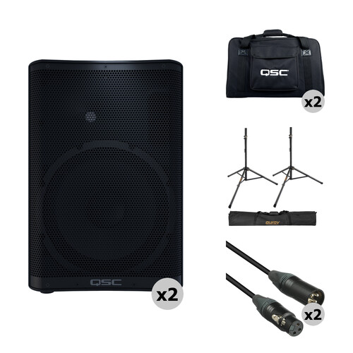 QSC CP12 Compact Loudspeakers with Bags, Stands, and Cables Kit (Pair)