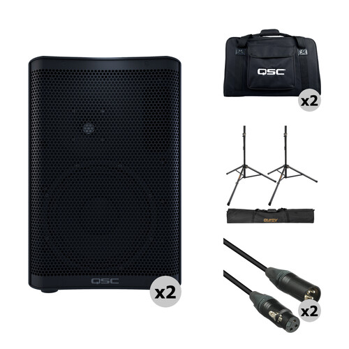 QSC CP8 Compact Loudspeakers with Bags, Stands, and Cables Kit