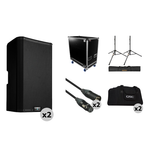 QSC K10.2 Two-Way 10" 2000W Powered Portable PA Speaker Kit with Flight Case, Stands, Cables, and Bag (Pair)