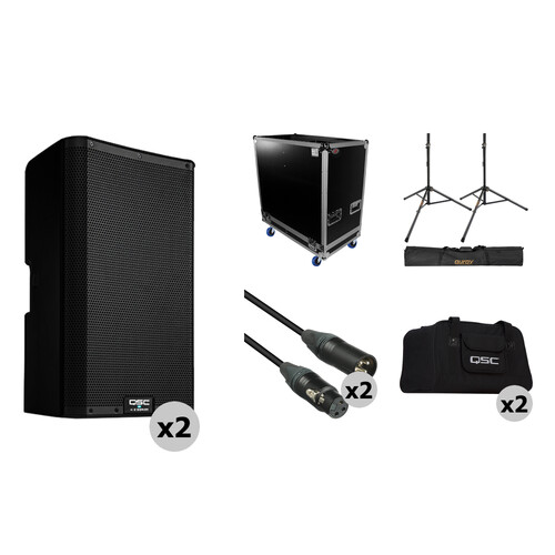 QSC K10.2 Two-Way 10" 2000W Powered Portable PA Speaker Kit with Flight Case, Stands, Cables, and Bag (Pair)