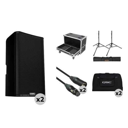 QSC K12.2 Powered Portable PA Speaker Kit with Two Speakers, Flight Case, Stands, Cables
