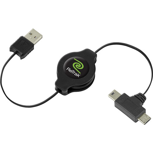 ReTrak Retractable USB Type A Male to Micro USB Type B Male / Mini USB Type B Male Cable