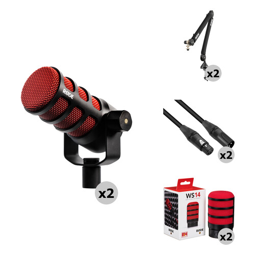 RODE PodMic 2-Person Dynamic Podcasting Microphone Kit with Studio Arms, Pop Filters & Cables (Red, Special 50th Anniversary Edition)