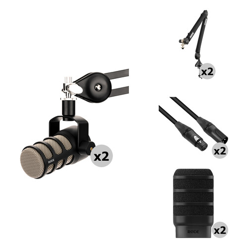 RODE PodMic 2-Person Podcasting Microphone Kit with Boom Arms, Pop Filters & Cables