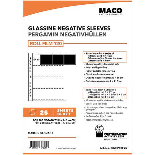 Rollei MACO Glassine Negative Sleeves for 120 Format Film (4-Strips, 25-Pack)