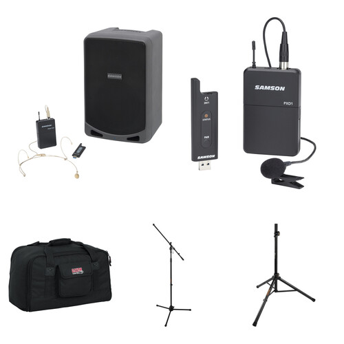 Samson Expedition XP106wDE Portable PA System Kit with Wireless Headset Mic, Lav Mic, Speaker Tote, Mic Stand, and Speaker Stand