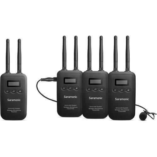 Saramonic VmicLink5 RX+TX+TX+TX Camera-Mount Digital Wireless Microphone System with Three Bodypack Transmitters and Lavalier Mics (5.8 GHz)