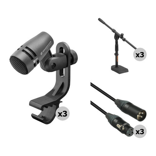 Sennheiser e 604 Cardioid Instrument Microphone 3-Pack Kit with Stands and Cables