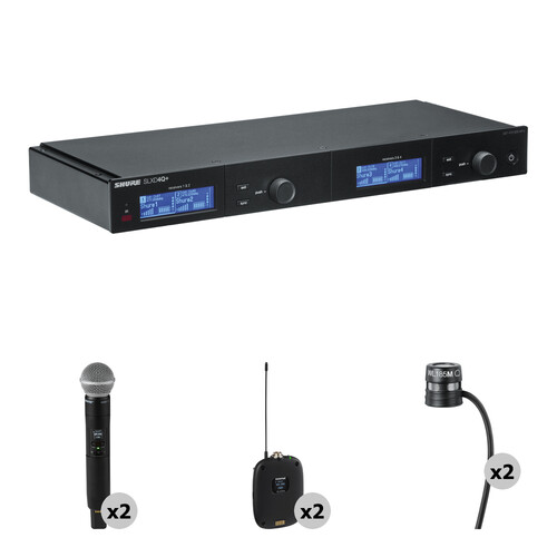 Shure SLXD4Q+ Quad-Channel Digital Wireless Receiver Kit with Two SLXD2+/SM58, Two SLXD1+ Transmitters & Two WL185m Lav Mics (G57: 460 to 608 MHz)