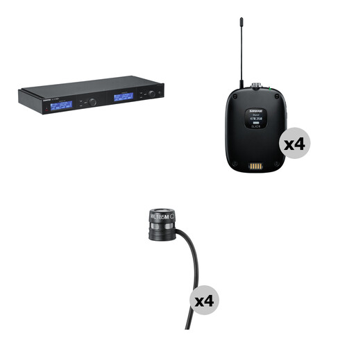 Shure SLXD4QDAN+ Quad-Channel Digital Wireless Receiver Kit with Dante, Four SLXD1 Transmitters & Four WL185m Cardioid Lavs (G57: 460 to 608 MHz)