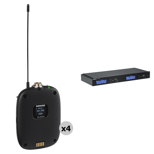 Shure SLXD4QDAN+ Quad-Channel Digital Wireless Receiver Kit with Dante & Four SLXD1+ Bodypack Transmitters (G57: 460 to 608 MHz)