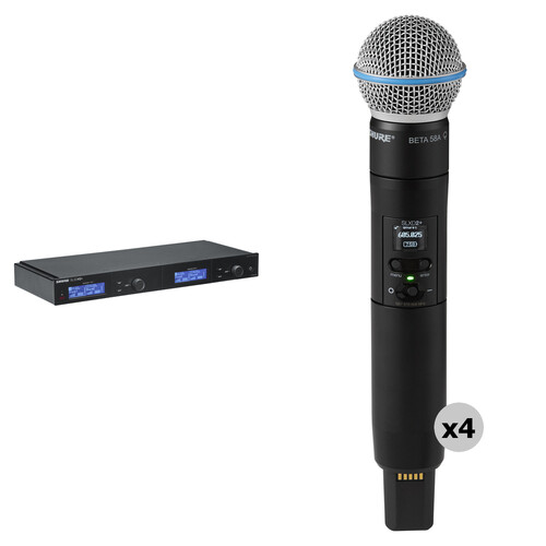 Shure SLXD4QDAN+ Quad-Channel Digital Wireless Receiver Kit with Dante & Four SLXD2+/Beta 58A Transmitters (G57: 460 to 608 MHz)