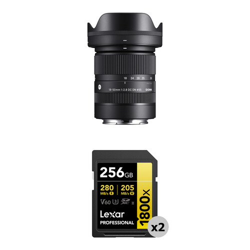 Sigma 18-50mm f/2.8 DC DN Contemporary Lens with 256GB SDXC GOLD Series Card 2-Pack Kit (Sony E)