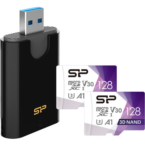 Silicon Power Combo SD/MMC and microSD Card Reader with Dual 128GB microSDXC Cards