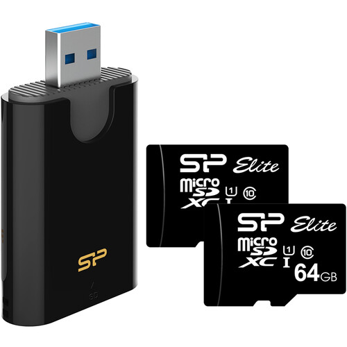 Silicon Power Combo SD/MMC and microSD Card Reader with 64GB Elite UHS-I microSDXC Memory Card (2-Pack) and SD Adapter