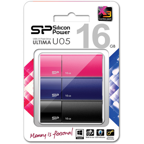 Silicon Power Ultima U05 16GB USB 2.0 Flash Drive (Black, Blue, Pink, 3-Pack)