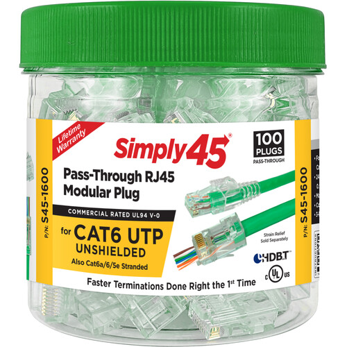 Simply45 Cat 6 UTP Unshielded RJ45 Pass-Through Modular Plug (100-Piece Jar)