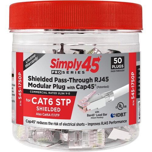 Simply45 ProSeries Cat 6 STP Shielded External Ground Pass-Through Modular Plug (Red, 50-Piece Jar)
