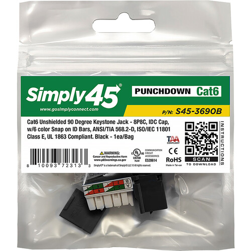 Simply45 Cat6 90° Unshielded Keystone Jack (Black)